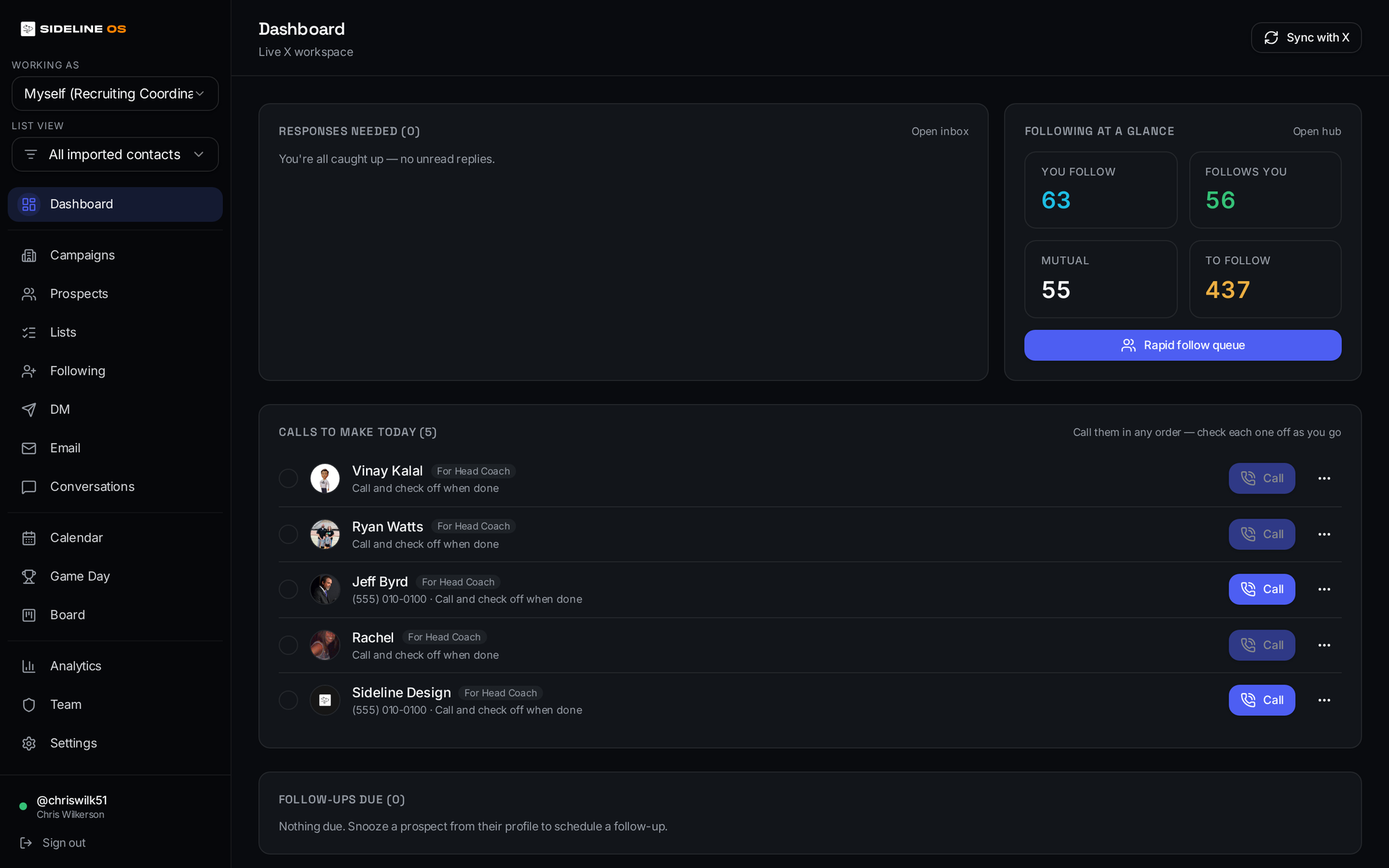 The Sideline OS dashboard showing today's recruiting actions, call queue and campaign activity