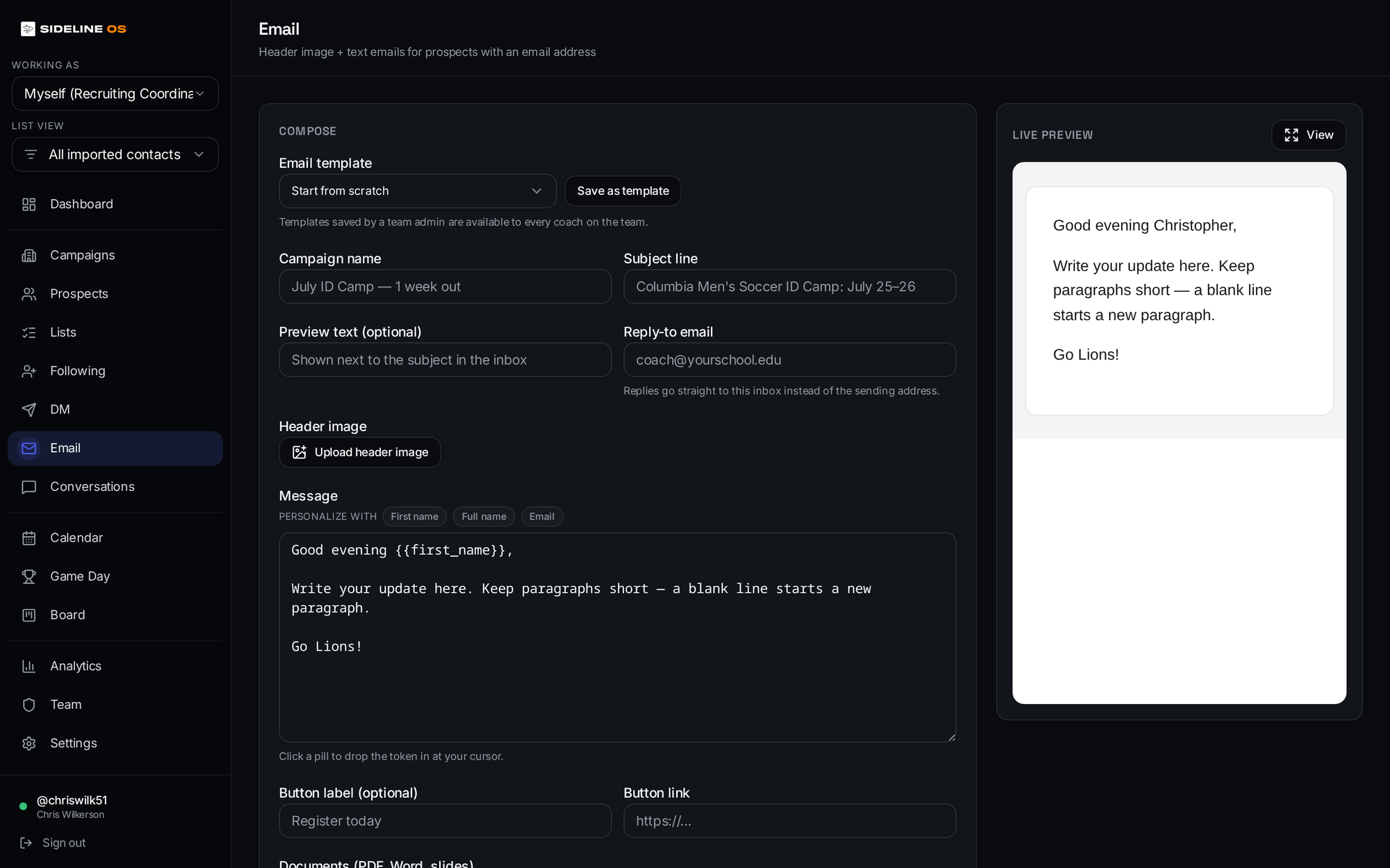 Sideline OS email campaign builder with templates and personalization tokens
