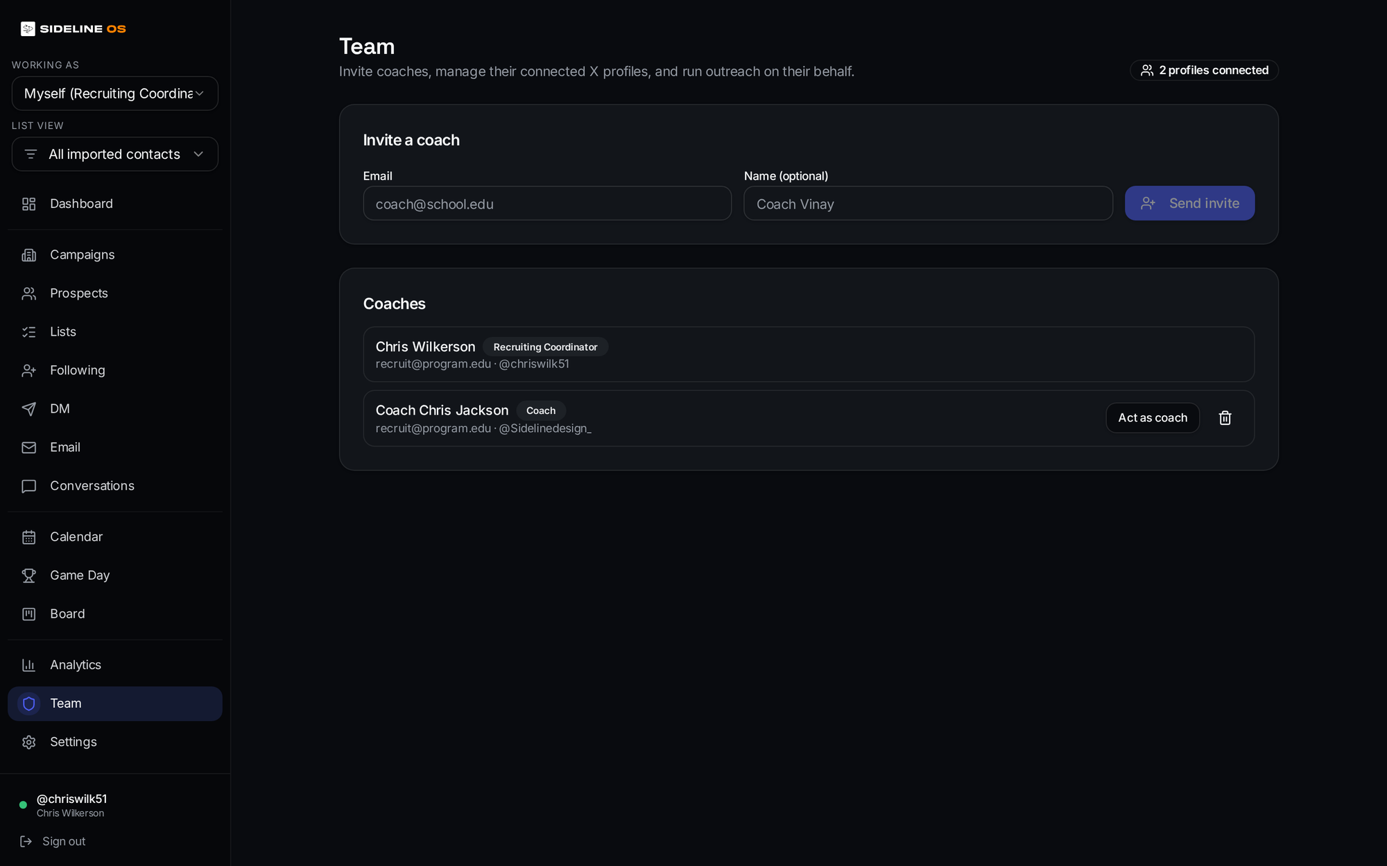 Sideline OS team view showing coaches in the organization with their roles and connected accounts